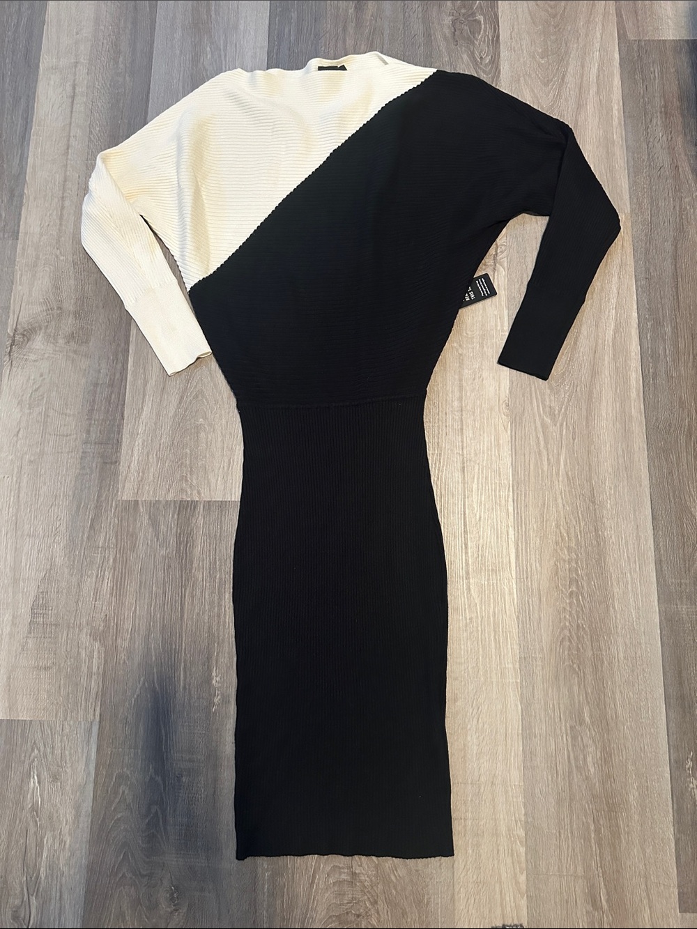 Express Black and Cream Diagonal Colorblock Midi Dress